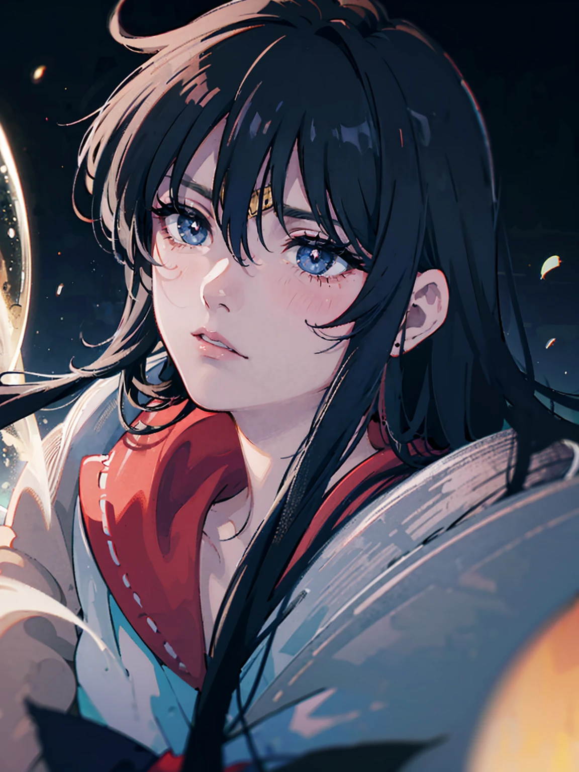 dark, masterpiece, Highest quality, 8K、Sailor Mars, (Unhealthy face:1.9, Dark Eyes:1.5, Dark circles under the eyes, Yandere:1.5, Unhappy face, Lifeless face), Long hair in the eyes, Long Bangs, Eyes through the bangs, Big eyes,　Turquoise Eyes, Bust Shot, Dark atmosphere
