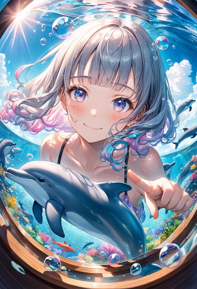 Double exposure, Fisheye Lens, RAW Photos:1.2, masterpiece, Highest quality, 16K, Unbelievably absurd, Very detailed, Perfect beauty, Photographing beautiful dolphins from underwater,1 girl,deck, Silver long curly hair, Blunt bangs, Long sideburns, Wet Hair, Vibrant colors, Ultra-realism:1.2, Middle chest, Blue sky and rainbow, Peeking through the bubble with one eye, looking at the viewer, Girl looks up,Pointing at a dolphin, A shy smile, Mirror Effect:1.2,Two arms, Bubbles are hearts