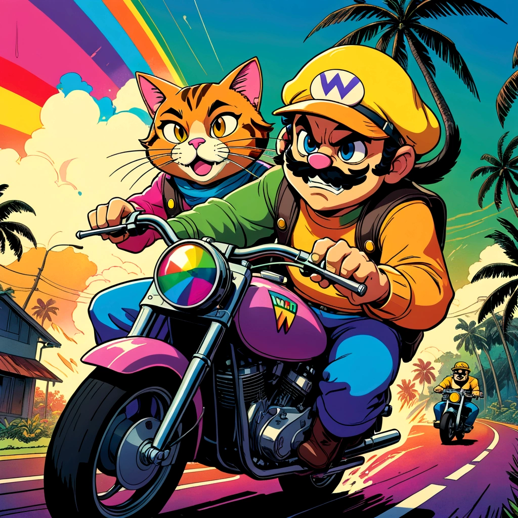 duo top cat and wario riding motorcycles, comic cinematic poster, image within image, multiple exposure, massive scale, rich color grading for shading depth, hand drawn rotoscope cartoon realism, chiaroscuro lighting, mixed media, vintage comic, retro original design, 1990's comic set in 1960's, sense of movement and energy, tropical rot, rewilding, (full roygbiv color) ink, VHS, glitch, distorted, nostalgia, 90's retro vibes, analog tape, vcr aesthetics, tv, television, hand drawn, (full roygbiv color) ink charcoal expressive illustration, no light source, darkness, light mask uv rays across face, splash page