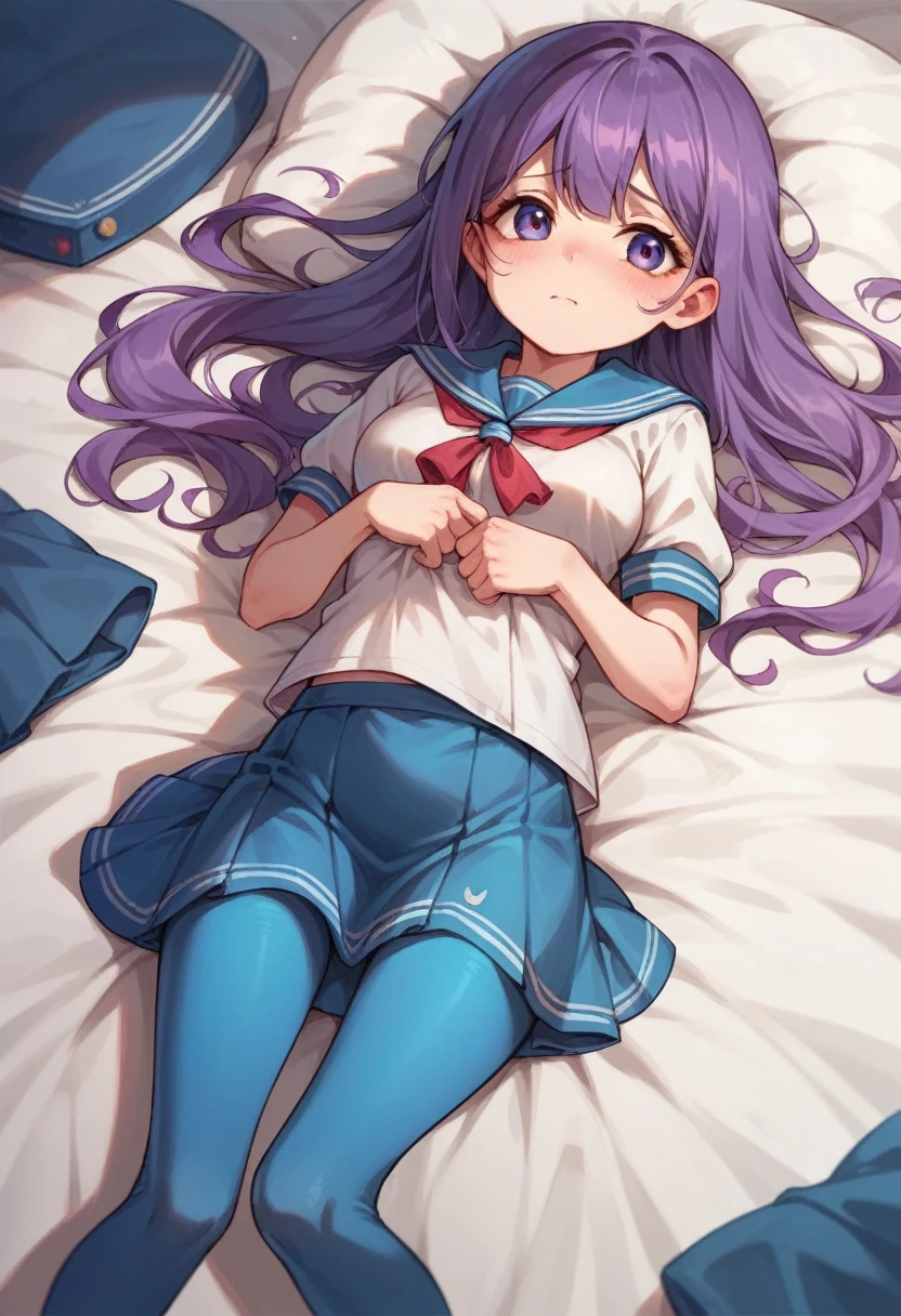 blue leggings,loli,sailor,dress,cute,lying,,purple hair,long hair,,shy,medium breasts