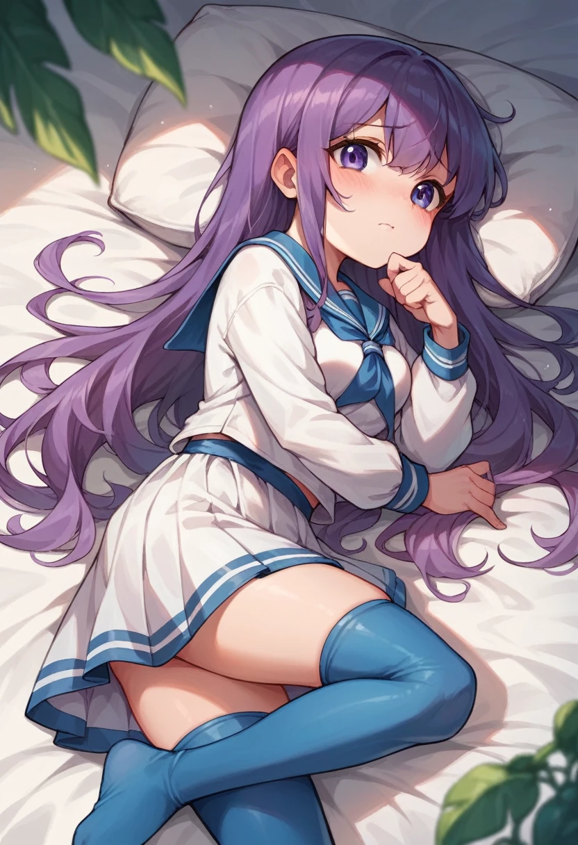 blue leggings,****,sailor,dress,cute,lying,,purple hair,long hair,,shy,medium breasts