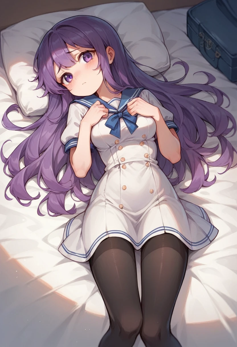 black leggings,****,sailor,dress,cute,lying,,purple hair,long hair,,shy,medium breasts