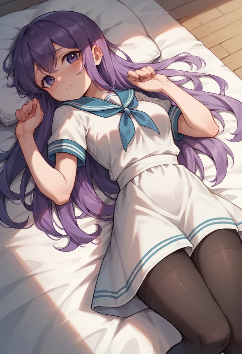 black leggings,loli,sailor,dress,cute,lying,,purple hair,long hair,,shy,medium breasts