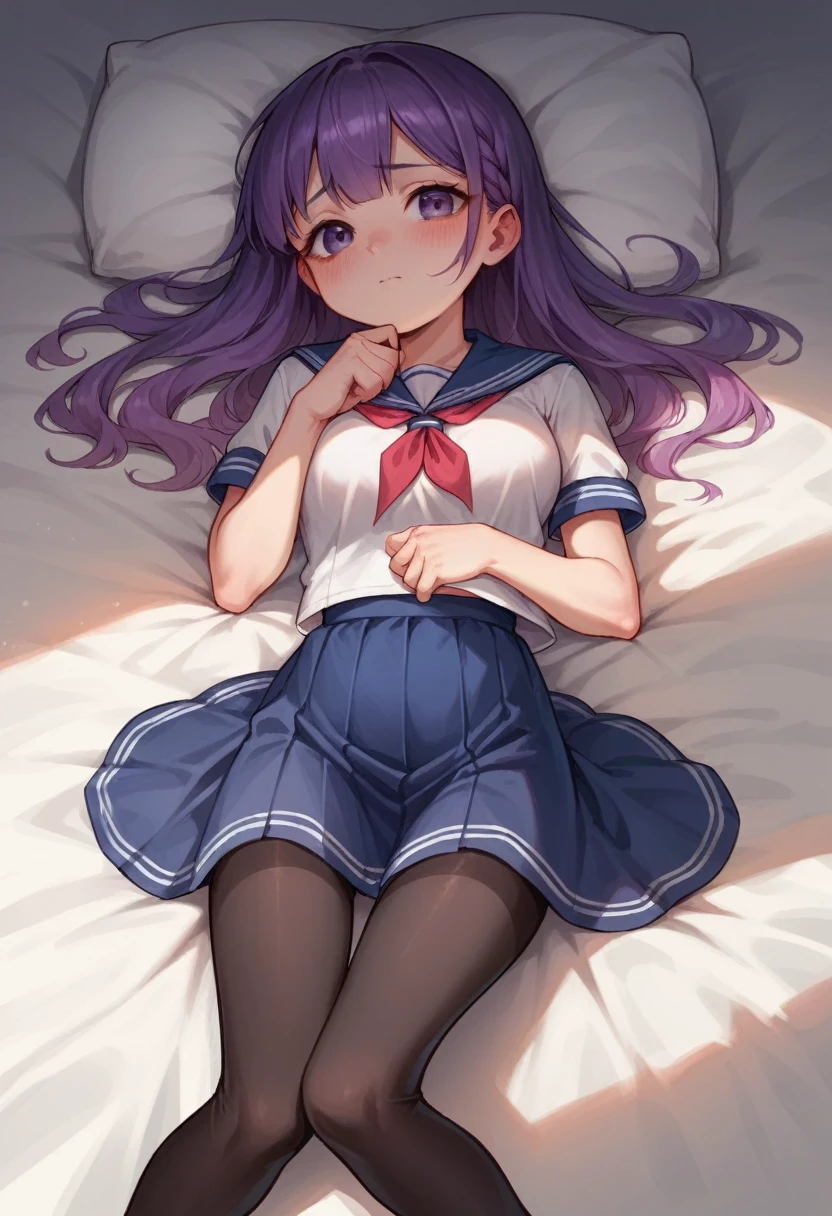 black leggings,****,sailor,dress,cute,lying,,purple hair,long hair,,shy,medium breasts