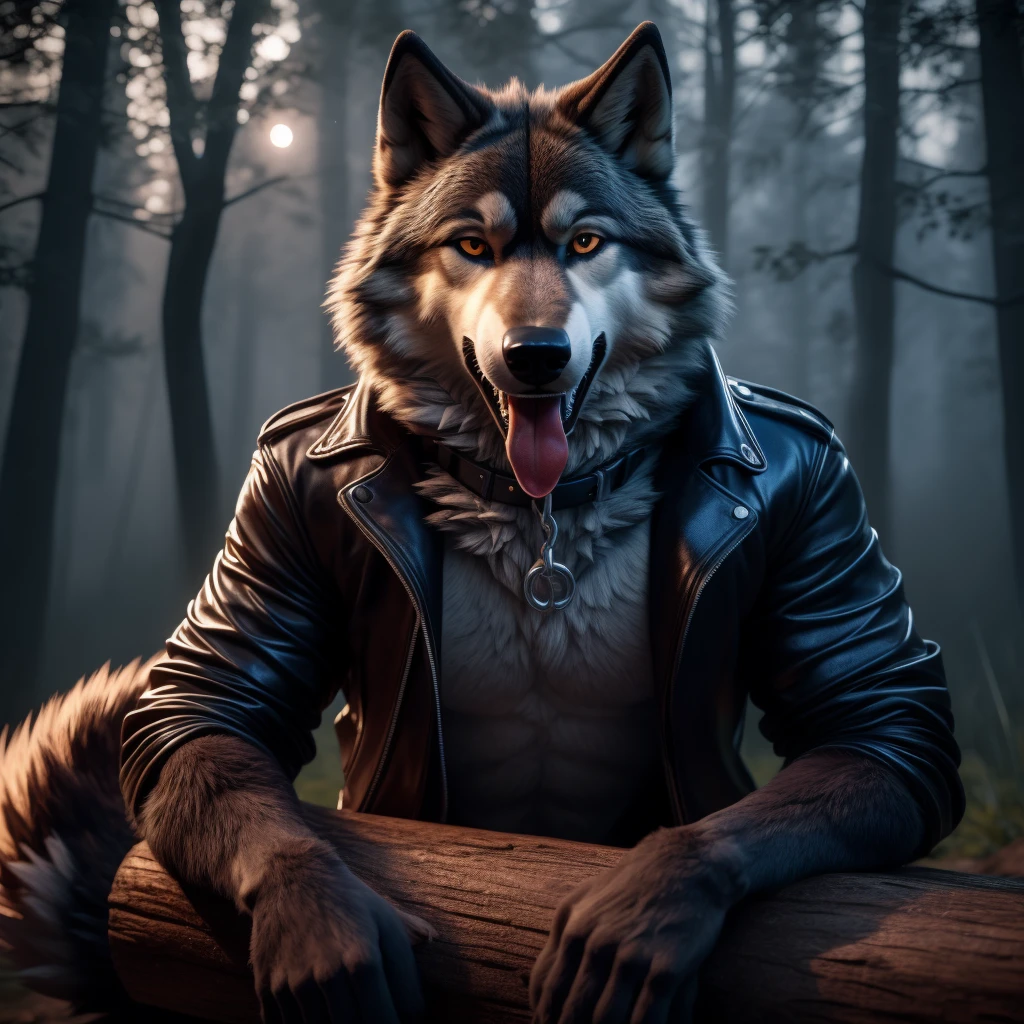 Sexy Posing, lying on log, Male, 30 years old, bedroom eye, mouth open with tongue hanging out, black leather jacket, anthro, wolf ears, (black fur:1.5), wolf, forest background, 8k, hi res, (best quality, masterpiece), (wolf tail:1.5), detailed fur, solo, looking at camera, night, leashing and collar,