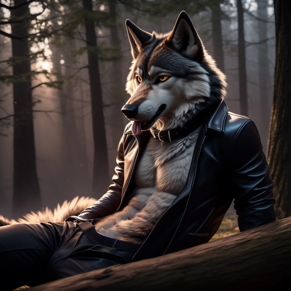 Sexy Posing, lying on log, Male, 30 years old, bedroom eye, mouth open with tongue hanging out, black leather jacket, anthro, wolf ears, (black fur:1.5), wolf, forest background, 8k, hi res, (best quality, masterpiece), (wolf tail:1.5), detailed fur, solo, looking at camera, night, leashing and collar,