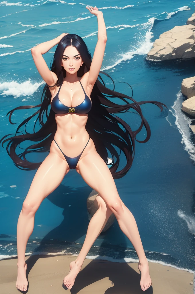 Megan Fox full body symmetrical photo with long arms and legs in a swimsuit