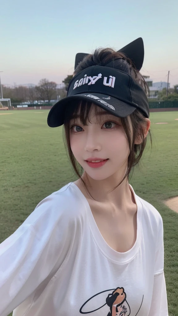 Best image quality、original photo、ultra high resolution、21 years old Korean、small breasts、dynamic angle、Cowboy shooting、The most beautiful form of chaos、elegant、Innovative design、bright colors、,light brown short hair、disheveled hair、light brown eyes 、black baseball cap(Smile)、short bob、Smile、Fair and shiny skin、beautiful eyes,random colors、The details are very beautiful、thin lips、Delicate and beautiful eyes、elongated eyes、pale pink cheeks、long eyelashes、beautiful double eyelids、eye shadow、he、White big T-shirt sweatshirt、baggy pants、Shot from the side、sexy pose、enlarge