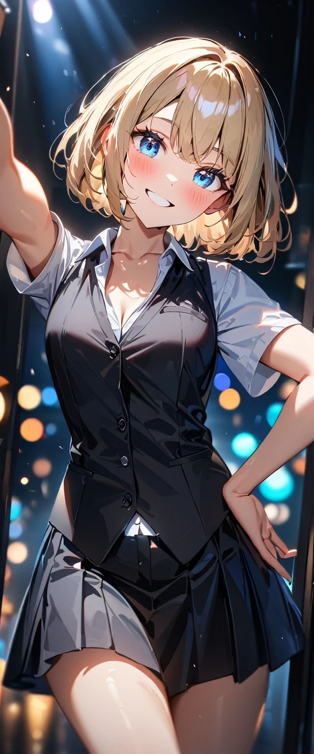 (((One girl))), blond hair, bob cut, (cowboy shot), (looking at viewer), (open collar:1.3), ((black tie under the waistcoat)), face in focus, teenager, head tilt:1.3, (((blue eye))), ((happy smile)), ((blush)), contrapposto, one hand on hip, school summer uniform, white shirts, skirt, black waistcoat, anime style, (best quality, 4k, 8k, highres, masterpiece:1.2, ultra-detailed, ultra-detailed eyes, HDR, UHD, studio lighting, ultra-fine painting, sharp focus, physically-based rendering, extreme detail description, professional, vivid colors, bokeh)