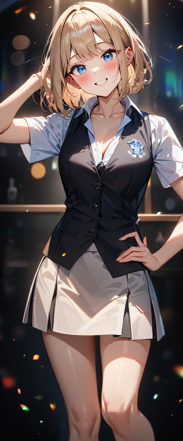 (((One girl))), blond hair, bob cut, (cowboy shot), (looking at viewer), (open collar:1.3), ((black tie under the waistcoat)), face in focus, teenager, head tilt:1.3, (((blue eye))), ((happy smile)), ((blush)), contrapposto, one hand on hip, school summer uniform, white shirts, skirt, black waistcoat, anime style, (best quality, 4k, 8k, highres, masterpiece:1.2, ultra-detailed, ultra-detailed eyes, HDR, UHD, studio lighting, ultra-fine painting, sharp focus, physically-based rendering, extreme detail description, professional, vivid colors, bokeh)