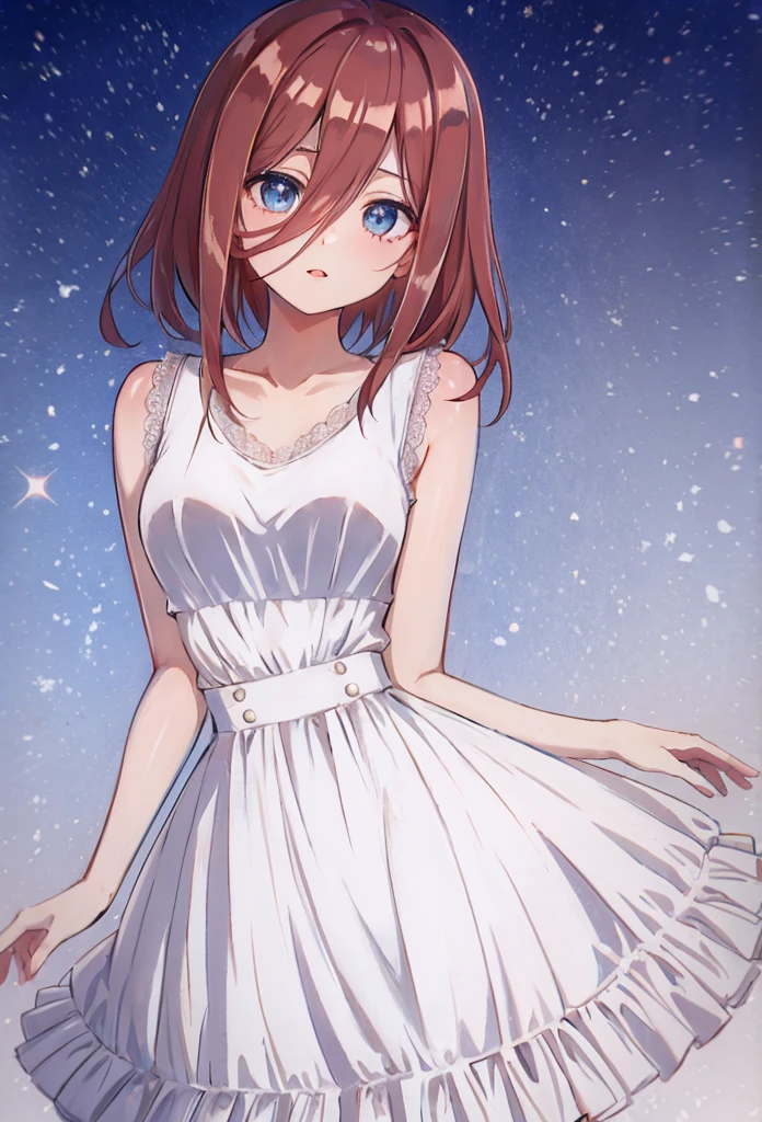 score_9, score_8_up, score_7_up, score_6_up, source anime, akihcipnxl, (1 girl) Sfw, Miku nakano, pretty teenage girl with fluffy long pink brown hair, heart shaped lips and blue eyes making a cute face, aamiku, Nakano Miku from The Quintessential Quintuplets, Miku Nakano, masterpiece, 4k, ultradetailed, cowboy shot, nakano Miku, pink red brown hair, blue eyes, sparkling eyes, night wear, white minimal simple nightwear matching set, white iridescent matching set, white satin and lace night vest, white satin and lace tank top with thin shoulder straps, white satin light night skirt, minimal outfit, simple outfit, all white outfit, full body, dynamic pose, moving, dynamism, hair between eyes, nightwear, starry sky behind her, night sky, pretty stars