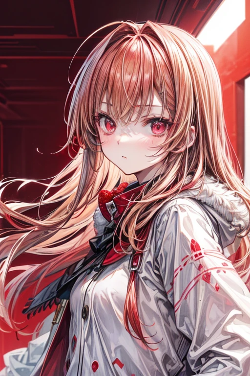 (masterpiece, best quality, perfect face, expressive eyes), 1girl, (anime), (long strawberry-blonde hair), red eyes, red ombre, fur-trimmed coat, white vest, red hairclip,