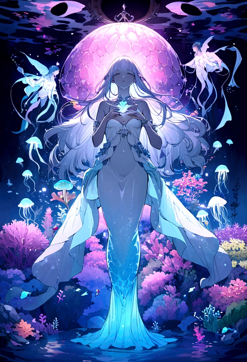 oil,Ocean,carefully,magic,Mysterious,(Ocean藻に抱かれた古代都市遺跡),Aquatic plants beautiful coral reef,Colorful fish swimming,Clear visibility,Ethereal atmosphere,Marble mermaid statue、Whispering Shell、Luminous jellyfish、Ancient symbols and words、惊人的美丽和古老的magic,Uncover the mysteries of the underwater world