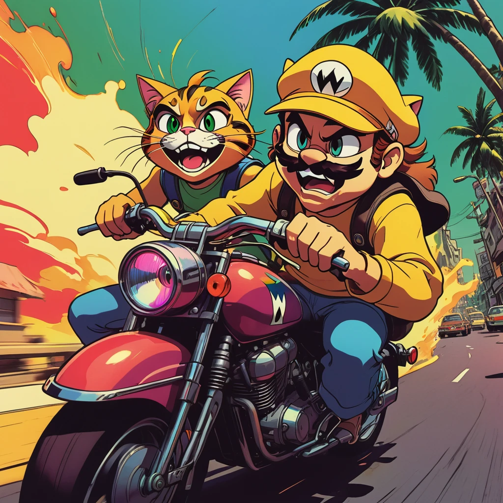 duo top cat and wario riding motorcycles, comic cinematic poster, image within image, multiple exposure, massive scale, rich color grading for shading depth, hand drawn rotoscope cartoon realism, chiaroscuro lighting, mixed media, vintage comic, retro original design, 1990's comic set in 1960's, sense of movement and energy, tropical rot, rewilding, (full roygbiv color) ink, VHS, glitch, distorted, nostalgia, 90's retro vibes, analog tape, vcr aesthetics, tv, television, hand drawn, (full roygbiv color) ink charcoal expressive illustration, no light source, darkness, light mask uv rays across face, splash page