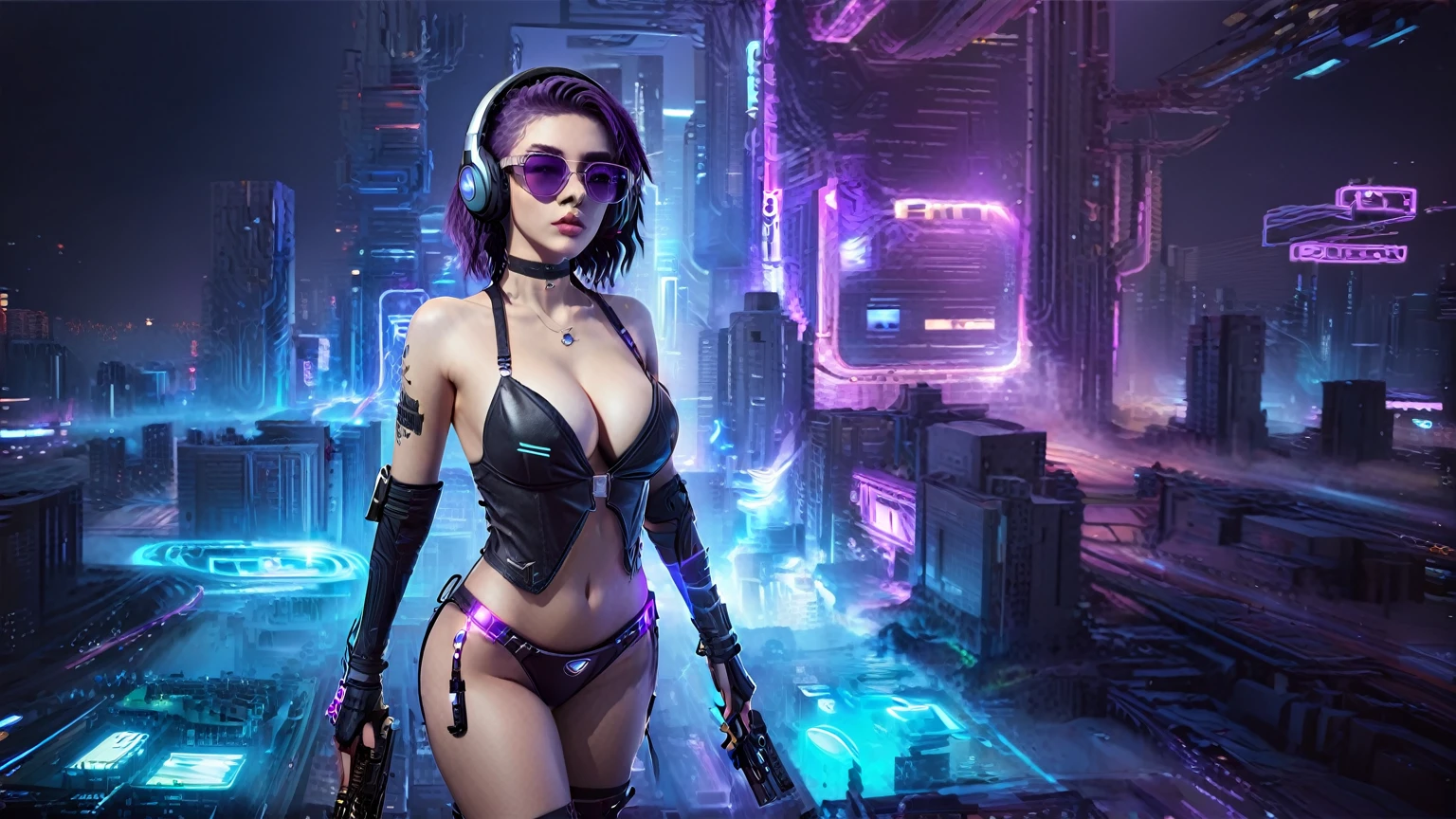 masterpiece, best quality, high resolution, 8k, (Portrait Photos:1.5), (R Original Photo), real picture, Digital Photography, (A fusion of cyberpunk and fantasy), 20 year old girl, solo, (((black sunglasses, headphone))), Feel free to hairstyle, Purple Eyes, By Bangs, (large breasts, cleavage, Accessories, Elegant and charming, Combination of cyberpunk and fantasy style clothing, Hollow carving design, Photo poses, Realistic style, (((((((pistol shooting pose))))))), oc render reflection texture, sentry, (((((Cyberpunk style future city, Moai shape buildings))))), night, Bustling streets, (((((half-body (thigh level) medium shot))))).