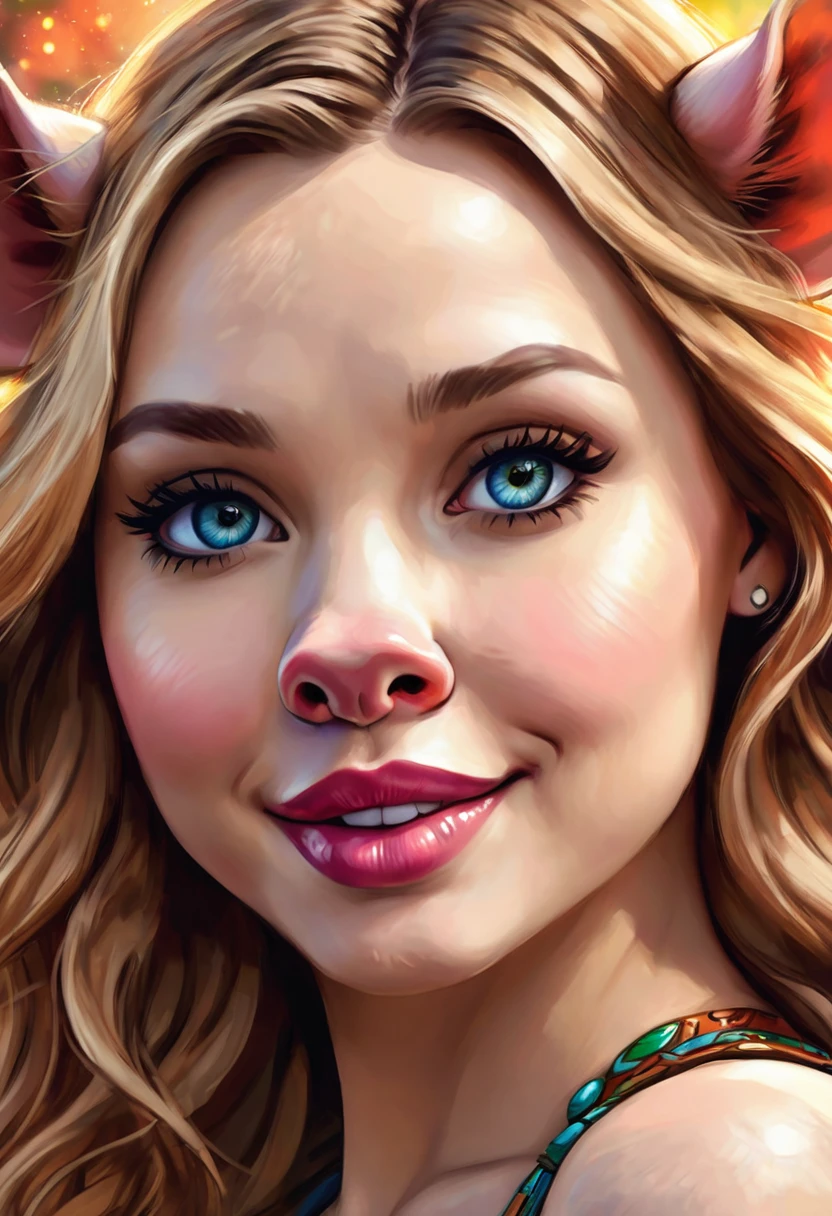 Create an illustrated, hand-drawn, full-color image of an humanoid, hybrid, anthropomorphic, sexy pig woman. The artwork should be rendered in the style of "Breath of the Wild," featuring warm lighting and shadows. Include graphite shading, stencil marks, and airbrushed acrylic paint effects. The image should be of the highest quality, a masterpiece with intricate details. cow nose, cow ears. The pig woman should have a female, humanoid, appearance. She should have luscious lips, a wide smile, and bright, expressive eyes, exuding beauty, cuteness, and adorableness. Ensure the image is high resolution and sharply detailed, with a detailed and vibrant background. Scarlett Johanson, Alison Brie, Dove Cameron Incorporate mystical lighting in the background, creating a romantic and enchanting atmosphere.