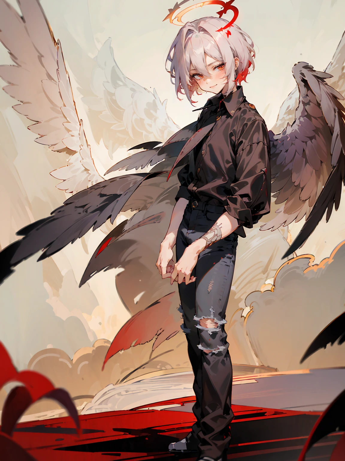 1male, Adult, Two Tone Hair, Crimson and White Hair, Short Hair, Undercut Hair, Red Angel Halo, Black Angel Wings, Golden Eyes, Smirk, Black Flannel Shirt, Black Ripped Jeans, Standing On Path
