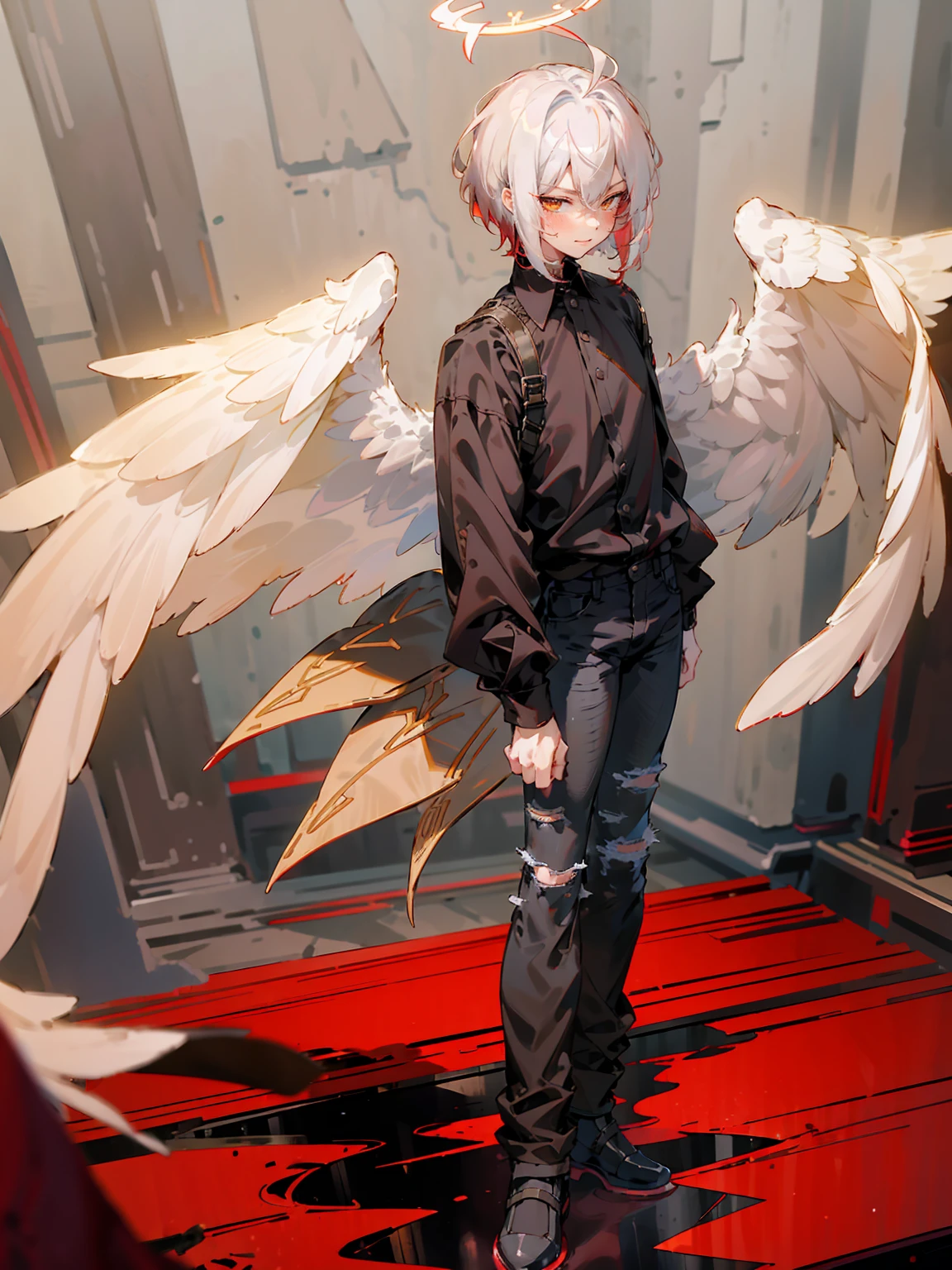 1male, Adult, Two Tone Hair, Crimson and White Hair, Short Hair, Undercut Hair, Red Angel Halo, Black Angel Wings, Golden Eyes, Smirk, Black Flannel Shirt, Black Ripped Jeans, Standing On Path