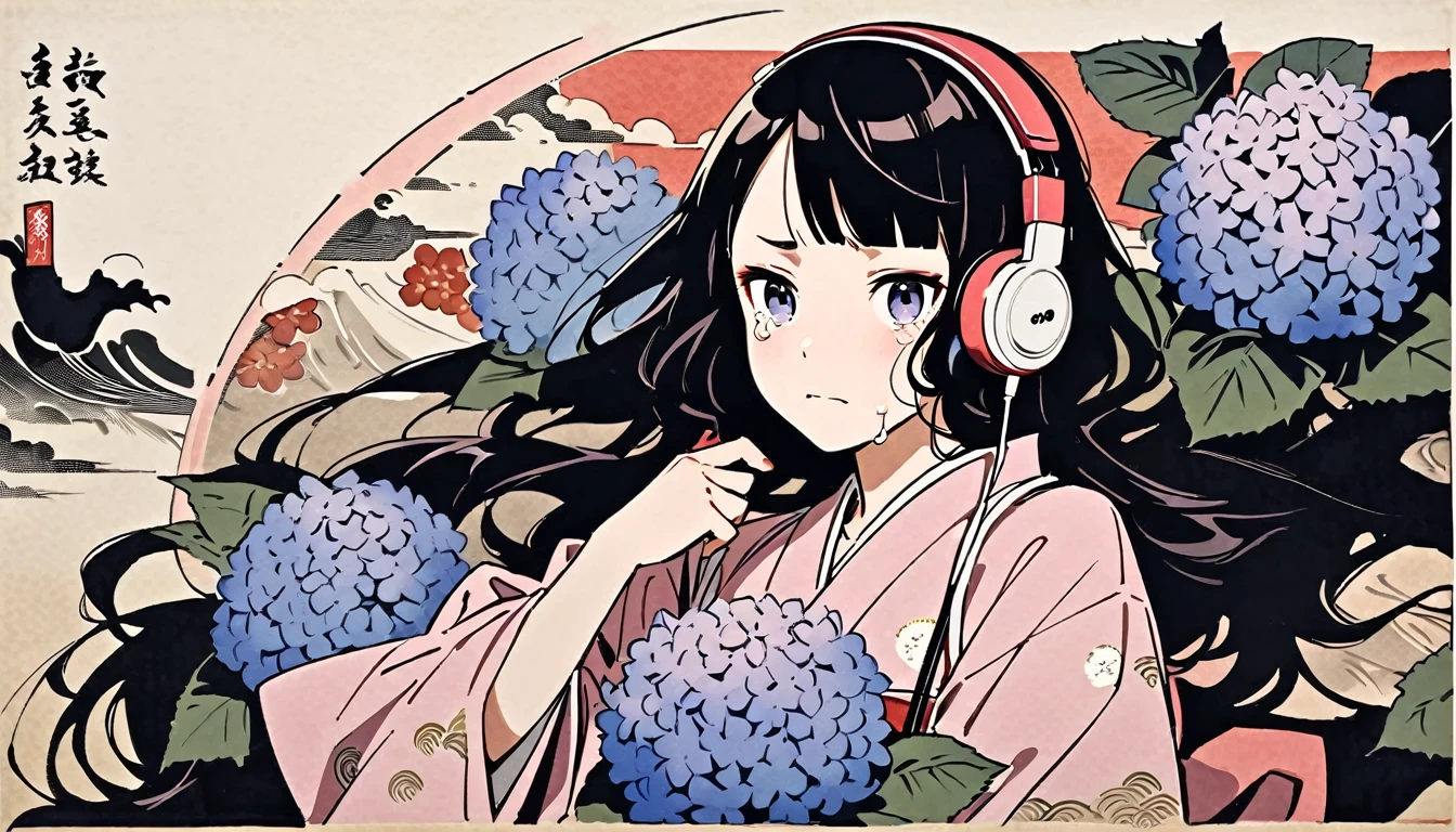 Highest quality, Katsushika Hokusai, Ink Painting, (((very straight longhair))), (((hydrangea))), (((Pale pink yukata))), headphone, beautiful girl, Black Hair, Delicate and precise, Modern ukiyo-e style, Crying face