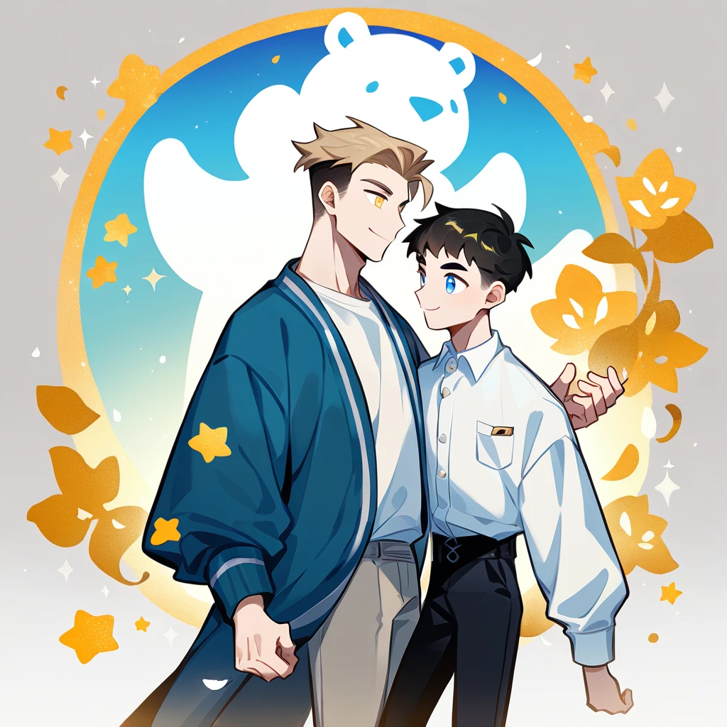 2 young men, focus man , Yaoi, pair, portable princess, bear, shirt, trousers, look elsewhere, smile, student, short hair, light brown hair, blue eyes, Acharya, black hair, Undercut style, golden eyes , The best aesthetics , best quality, Amazing quality, The best aesthetics, nonsense,bright
