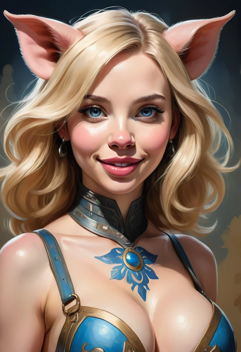 Create an illustrated, hand-drawn, full-color image of an humanoid, hybrid, anthropomorphic, sexy pig woman. The artwork should be rendered in the style of "Breath of the Wild," featuring warm lighting and shadows. Include graphite shading, stencil marks, and airbrushed acrylic paint effects. The image should be of the highest quality, a masterpiece with intricate details. cow nose, cow ears. The pig woman should have a female, humanoid, appearance. She should have luscious lips, a wide smile, and bright, expressive eyes, exuding beauty, cuteness, and adorableness. Ensure the image is high resolution and sharply detailed, with a detailed and vibrant background. Scarlett Johanson, Alison Brie, Dove Cameron Incorporate mystical lighting in the background, creating a romantic and enchanting atmosphere.
