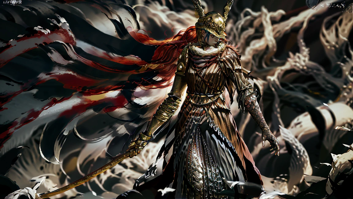 Close-up of a woman with a sword, standing in front of the building, epic light novel cover, epic light novel cover, dark fantasy art, Epic Fantasy HD Style, 2. 5 d cgi anime fantasy work of art, very beautiful berserk woman, Epic fantasy in digital art style, red-haired Templar, anime epic work of art