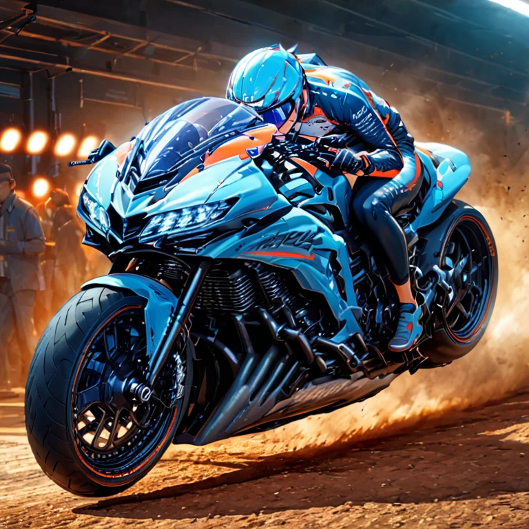 (best quality,8k,highres, masterpiece:1.2), ultra-detailed, HDR, UHD, studio lighting, ultra-fine painting, sharp focus, physically-based rendering, extreme detail description, professional, vivid colors, bokeh, portraits, concept artists, warm color palette, dramatic lighting,Circuit track, running bike, racer riding motorcycle, concentration line, auto racing,Dirt smoke
