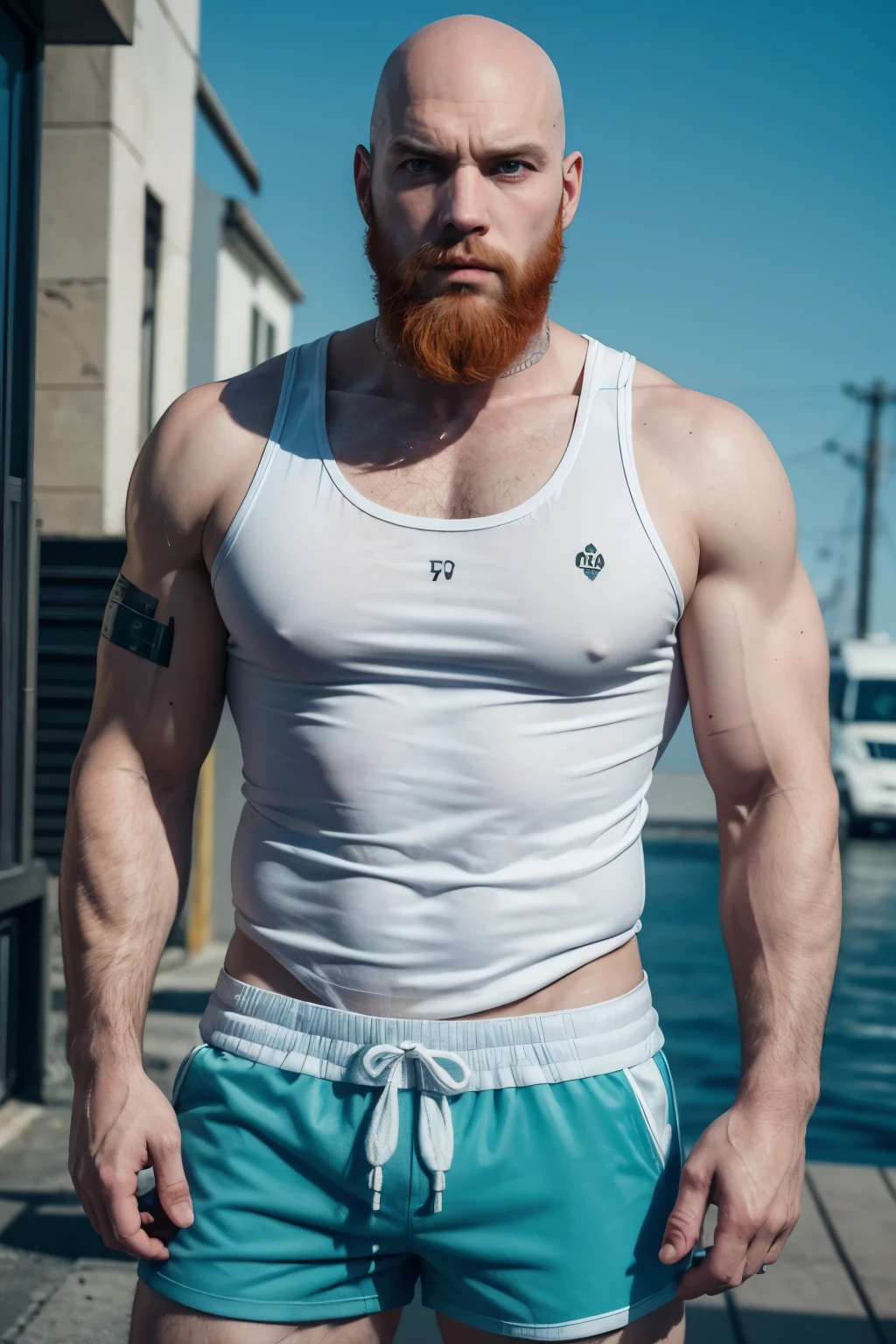 Create a realistic 8k high definition GTA6 effect image of a bald man with a red beard and a white tank top with light blue shorts, Predominant colors are light blue, white and black