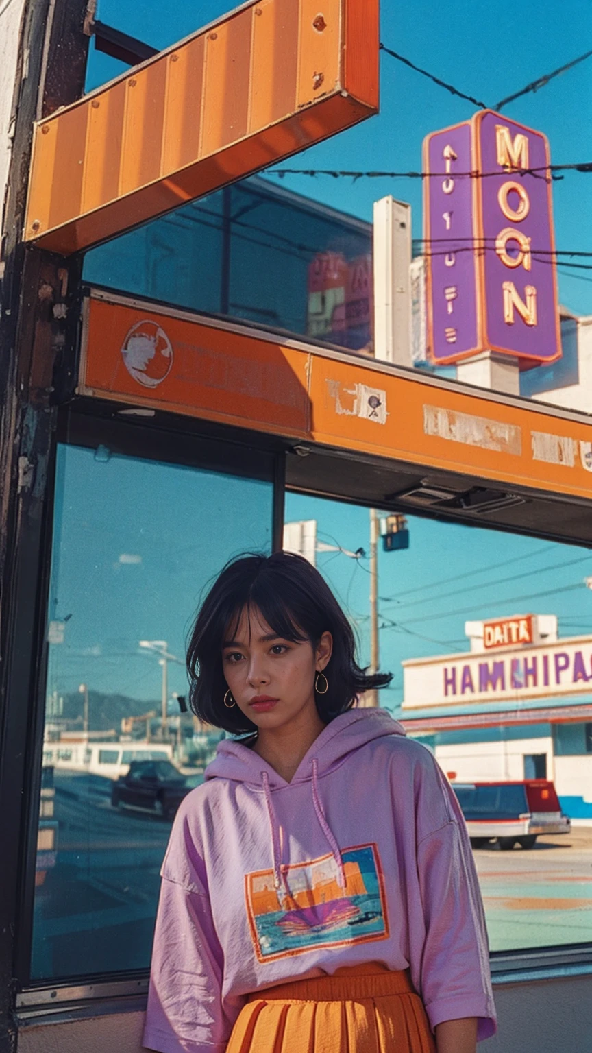 portrait of a serious 23 yo girl, plum body ,wear ((orange color oversized hoodie)), wear ((purple tennis skirt)),looking front,Best Quality,Masterpiece,Ultra High Resolution,(Realisticity:1.4),Original Photo, 1Girl, light leak,ultra high resolution,UHD,beautiful, (black bob hair), almond eye, no makeup, in front of (80's mondrian architecture motel), (realistic:1.2), (surreal:1.3), (very detailed:1.1), ((masterpiece)),summer, blue sky, palm trees,sunny, los angles vibes,film camera, 800mm lens,style of Philip Lorca diCorcia