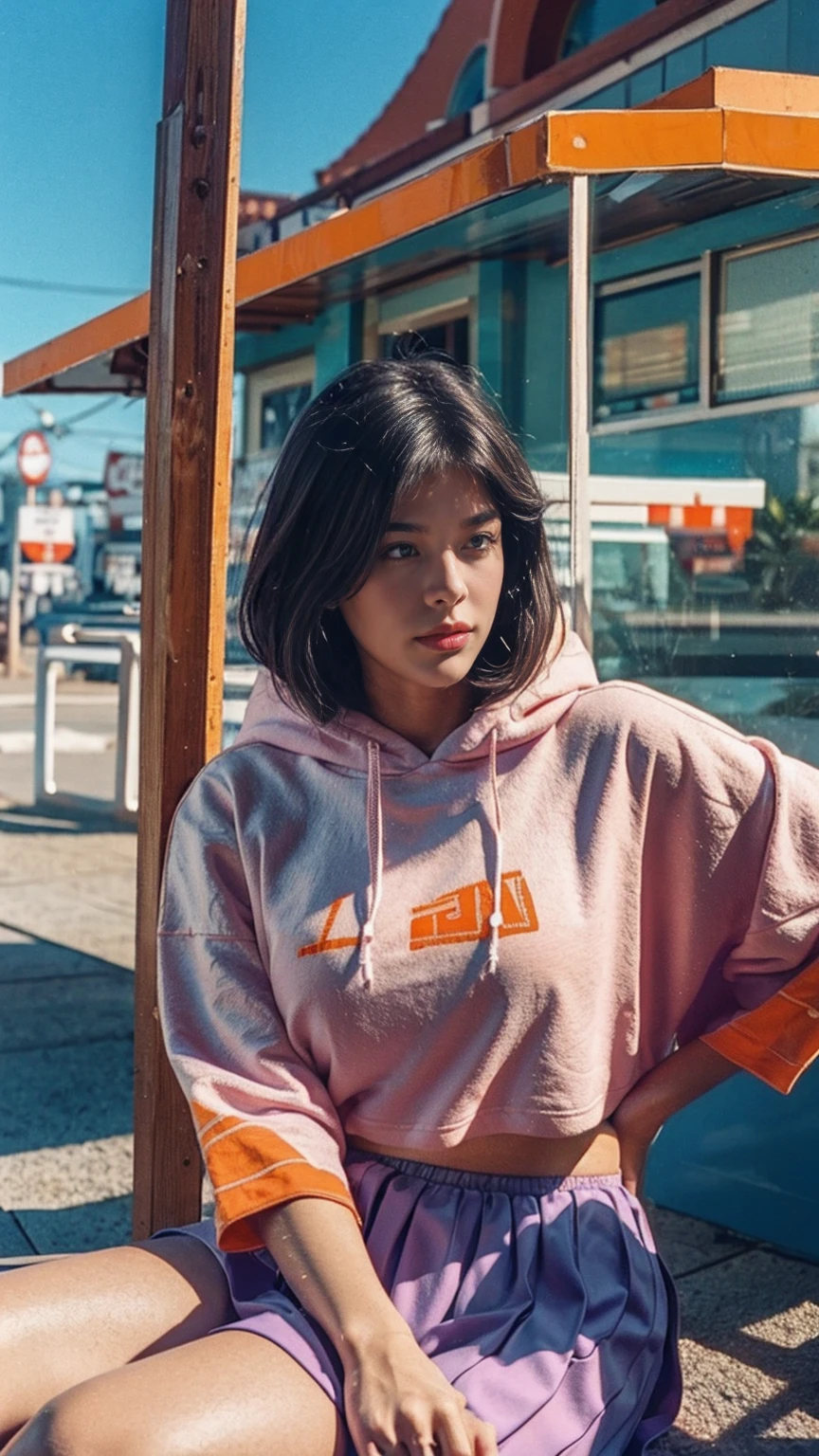 portrait of a serious 23 yo girl, plum body ,wear ((orange color oversized hoodie)), wear ((purple tennis skirt)),looking front,Best Quality,Masterpiece,Ultra High Resolution,(Realisticity:1.4),Original Photo, 1Girl, light leak,ultra high resolution,UHD,beautiful, (black bob hair), almond eye, no makeup, in front of (80's mondrian architecture motel), (realistic:1.2), (surreal:1.3), (very detailed:1.1), ((masterpiece)),summer, blue sky, palm trees,sunny, los angles vibes,film camera, 800mm lens,style of Philip Lorca diCorcia