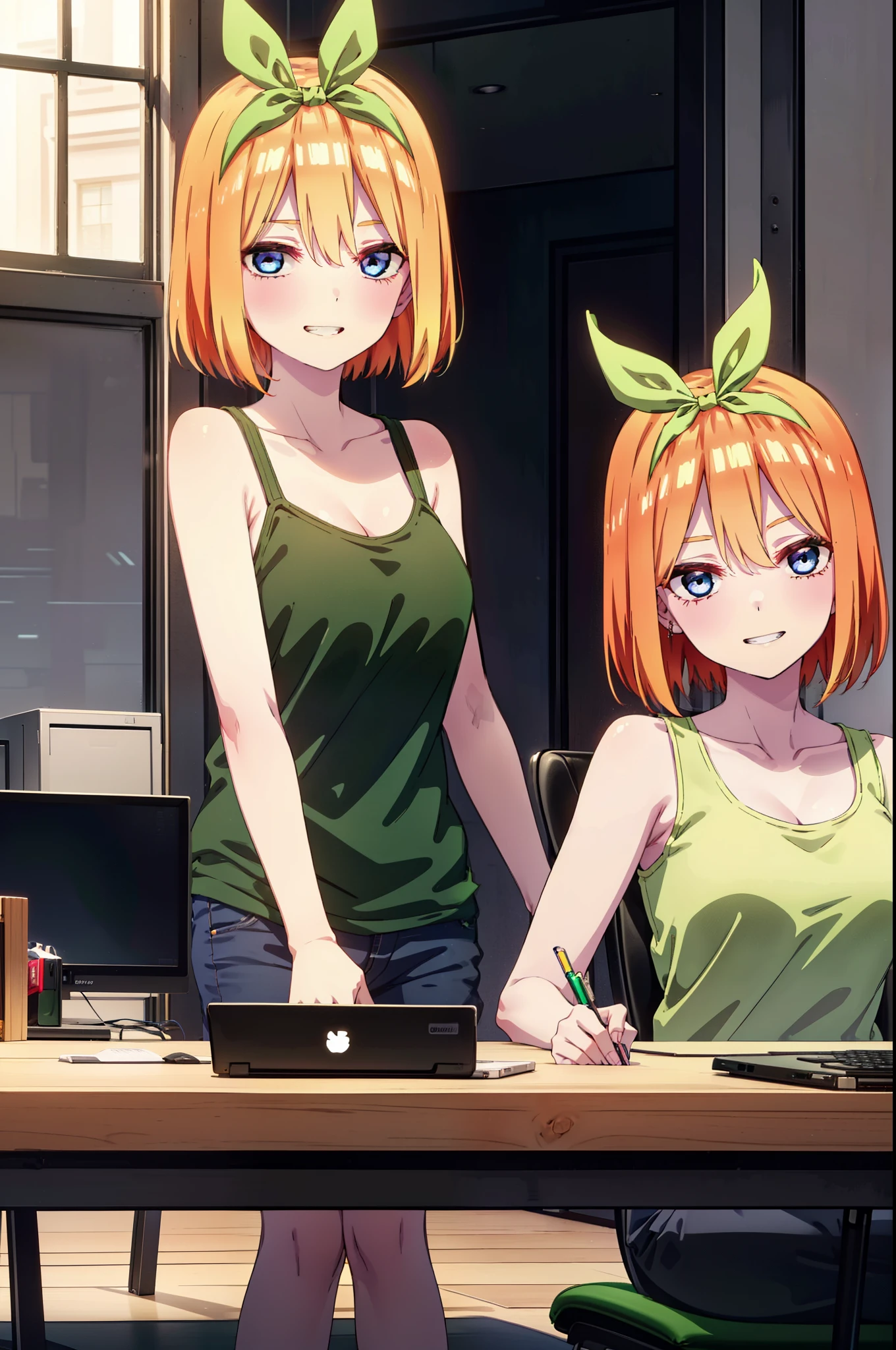 Yotsubanakano, Yotsuba Nakano, bangs, short hair, blue eyes, Hair between the eyes, hair ribbon, hair band, Orange Hair, (Green ribbon:1.5), smile, Grin,Green tank top,Skinny jeans,Stiletto heels,There is a computer on the table,interior,Walking,whole bodyがイラストに入るように,
break indoors, オフィス
break looking at viewer, whole body,
break (masterpiece:1.2), Highest quality, High resolution, unity 8k wallpaper, (figure:0.8), (Beautiful attention to detail:1.6), Highly detailed face, Perfect lighting, Highly detailed CG, (Perfect hands, Perfect Anatomy),
