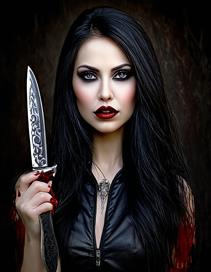 a woman with blood on her face, holding a knife in her hand, vampire girl, dark fantasy horror art, fantasy horror art, horror fantasy art, female vampire, beautiful vampire queen, dark fantasy art, woman vampire, bloody knife, vampires fantasy, female vampire warrior, vampire queen, lori earley, gothic fantasy art, gothic art, dark fantasy style art, best quality, 4k, 8k, highres, masterpiece:1.2, ultra-detailed, realistic, photorealistic, photo-realistic:1.37, HDR, UHD, studio lighting, ultra-fine painting, sharp focus, physically-based rendering, extreme detail description, professional, vivid colors, bokeh