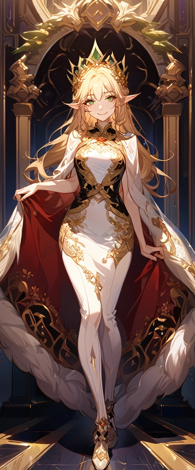 masterpiece, best quality, 8k ,4k , 1girl, elf queen, blond reddish hair, green eyes, big , gold wreath crown, hair ornament, finely detailed eyes and detailed face, looking at viewer, white sleeveless, Lace dress, patterned clothes, gold embroidery clothes, meticulous clothes, mature clothes, transparent cape with lace, majestic looks, smiling gently, small bird, full body, inspired by Asukaziye artist : ask, art style : ask