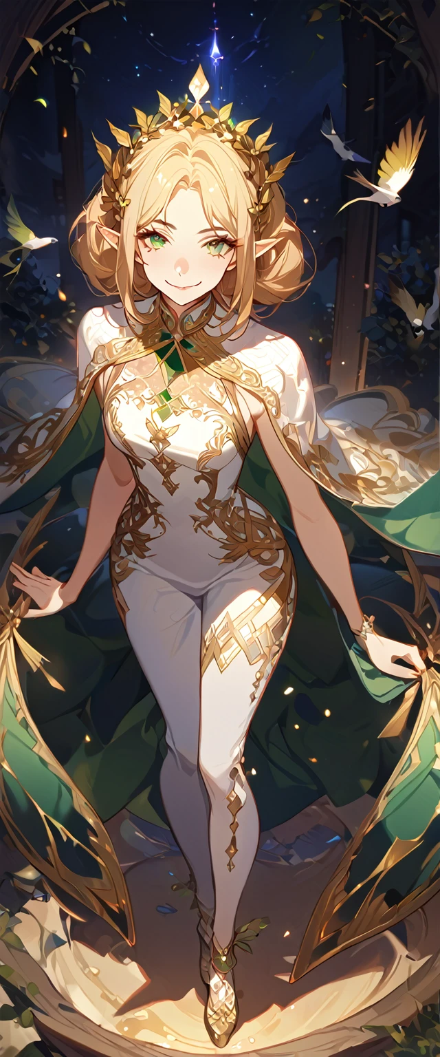 masterpiece, best quality, 8k ,4k , 1girl, elf queen, blond reddish hair, green eyes, big , gold wreath crown, hair ornament, finely detailed eyes and detailed face, looking at viewer, white sleeveless, Lace dress, patterned clothes, gold embroidery clothes, meticulous clothes, mature clothes, transparent cape with lace, majestic looks, smiling gently, small bird, full body, inspired by Asukaziye artist : ask, art style : ask