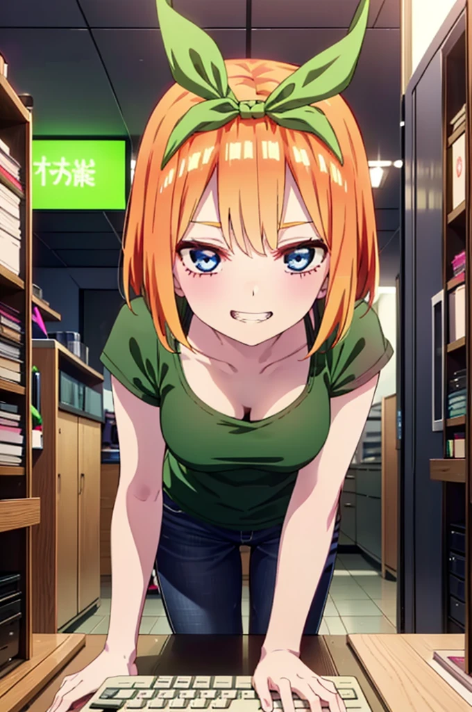 Yotsubanakano, Yotsuba Nakano, bangs, short hair, blue eyes, Hair between the eyes, hair ribbon, hair band, Orange Hair, (Green ribbon:1.5), smile, Grin,Green tank top,Skinny jeans,Stiletto heels,There is a computer on the table,interior,Walking,whole bodyがイラストに入るように,
break indoors, オフィス
break looking at viewer, whole body,
break (masterpiece:1.2), Highest quality, High resolution, unity 8k wallpaper, (figure:0.8), (Beautiful attention to detail:1.6), Highly detailed face, Perfect lighting, Highly detailed CG, (Perfect hands, Perfect Anatomy),