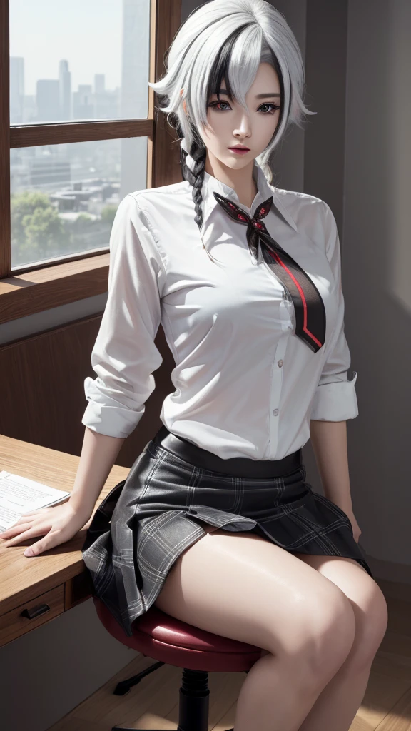 (1 Woman), beauty, (best quality:1.4), (Extremely detailed), (Extremely detailed CG unified 8k wallpaper), Very detailed, high resolution RAW color photos, Professional photography, Attractive face and eyes, White hair,Black Hair,Colorful hair,short hair,Straight Hair,Long braids,Glittering red eyes,Red X pupil,cosmetic, (Amazing beauty)、((Business suit))、((mini skirt))、(Front opening business shirt:1.3)、(Business:1.3)、(:1.3)、table、Chair、window、、Watch from below