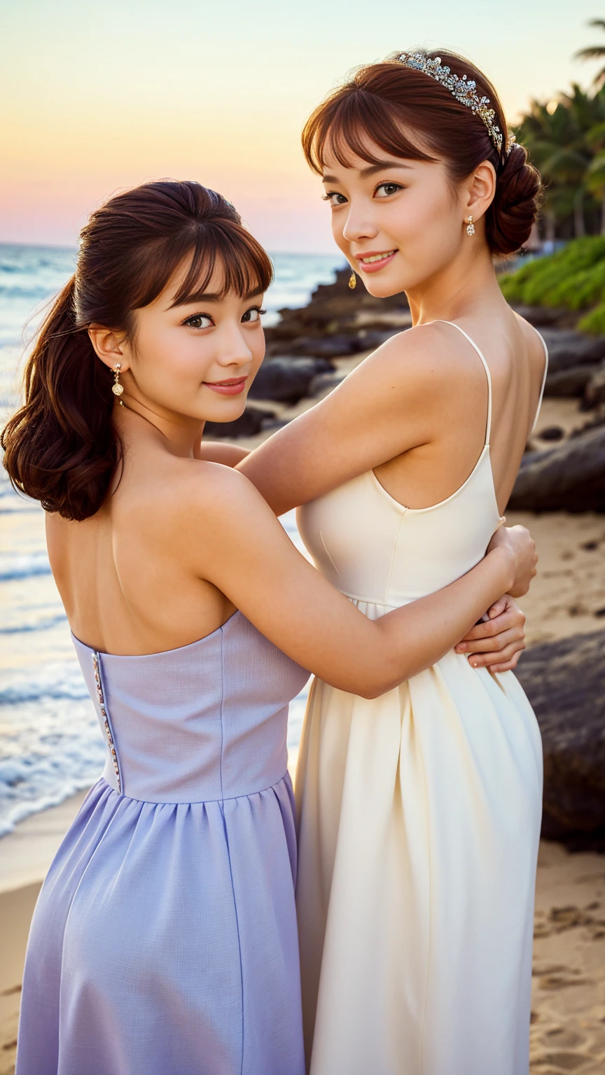 (top-quality、masterpiece:1.2)、femele、portlate、natta,a bright smile, Detailed sky、audrey hepburn, I'm wearing a (casual dress:1.4) in the 1950s, middle breasts, big butt, thick thighs, along the beach,Waikiki's Beautiful Beach, Pleasantly High, Fierce Dance,1girl,