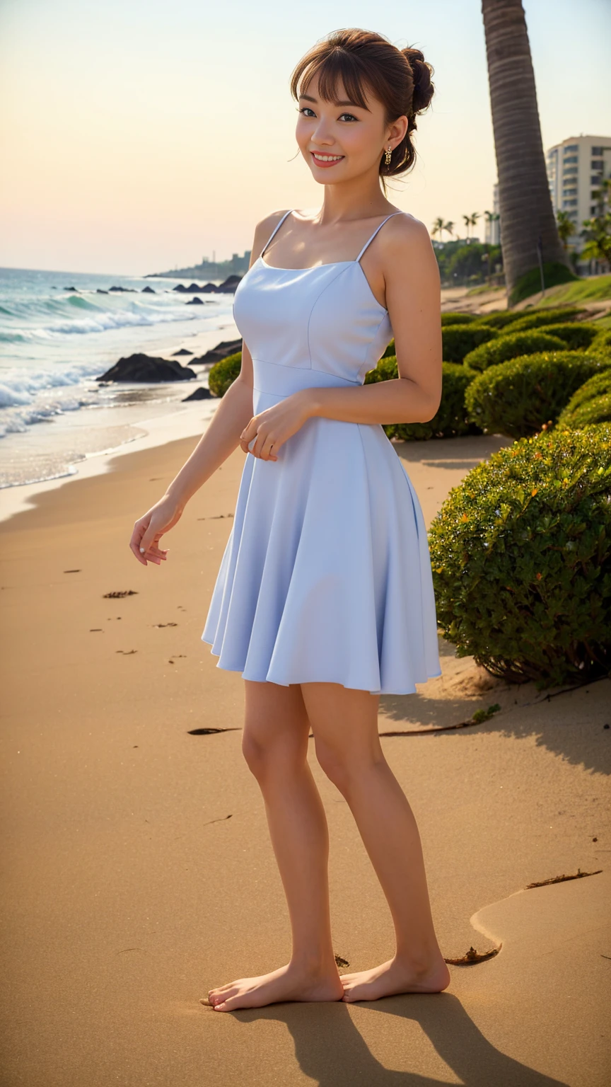 (top-quality、masterpiece:1.2)、femele、portlate、natta,a bright smile, Detailed sky、audrey hepburn, I'm wearing a (casual dress:1.4) in the 1950s, middle breasts, big butt, thick thighs, along the beach,Waikiki's Beautiful Beach, Pleasantly High, Fierce Dance,1girl,Show side view