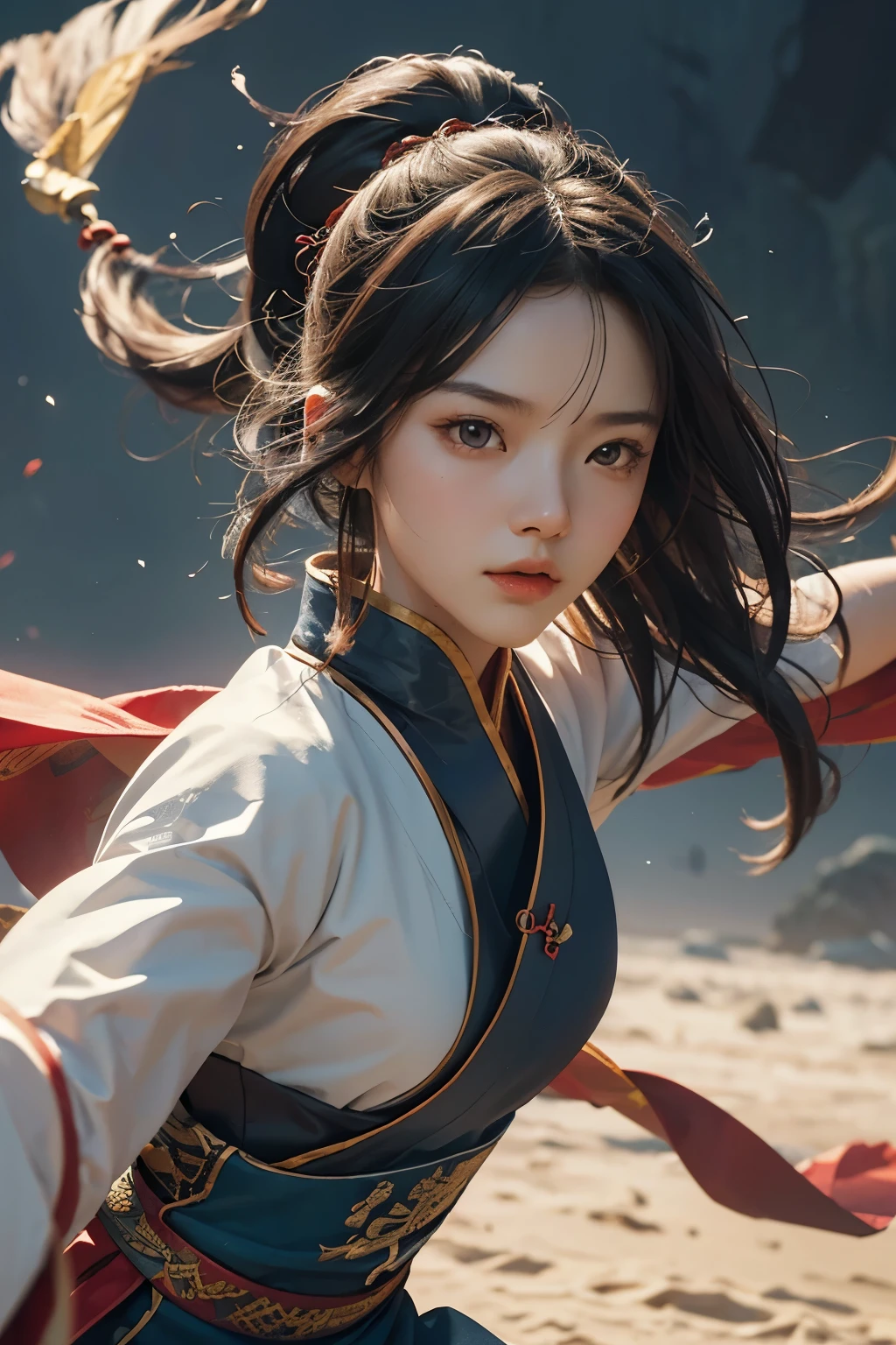 Close-up of poster of a person flying in the sky, Chinese martial arts movie promotional image, movie poster, Animated Poster Movie Still Portrait, Multicolor fit piece,Official Poster, Promotional poster, very - high - budget 영화, The girl is running,