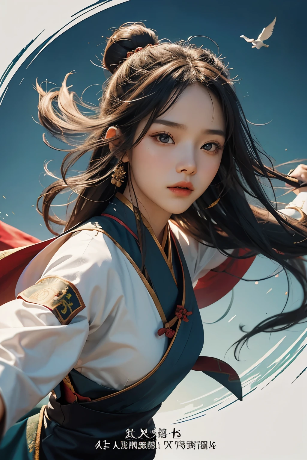 Close-up of poster of a person flying in the sky, Chinese martial arts movie promotional image, movie poster, Animated Poster Movie Still Portrait, Multicolor fit piece,Official Poster, Promotional poster, very - high - budget 영화, The girl is running,