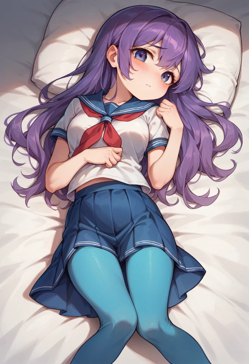blue leggings,loli,sailor,dress,cute,lying,,purple hair,long hair,,shy,medium breasts