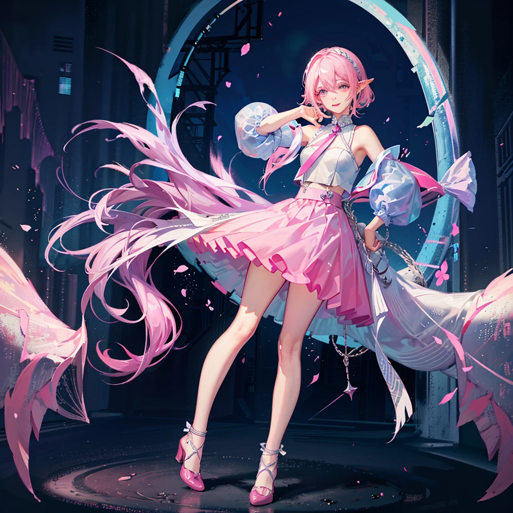 Elf ears. Smile. Full body. 30 years old. Full shot. Pastel colors. Pink eyes. Big pink eyes. Absurdly long cyan iridescent hair. Red lips. Amazing intricate finely detaile. Light pink and cyan cossak. Sleeveless top. Fairycore. Standing. Happy pose. Beautiful and fashion Make-up. Simple background. Defined lips. Blushing. Lovely. Korean manwha style.