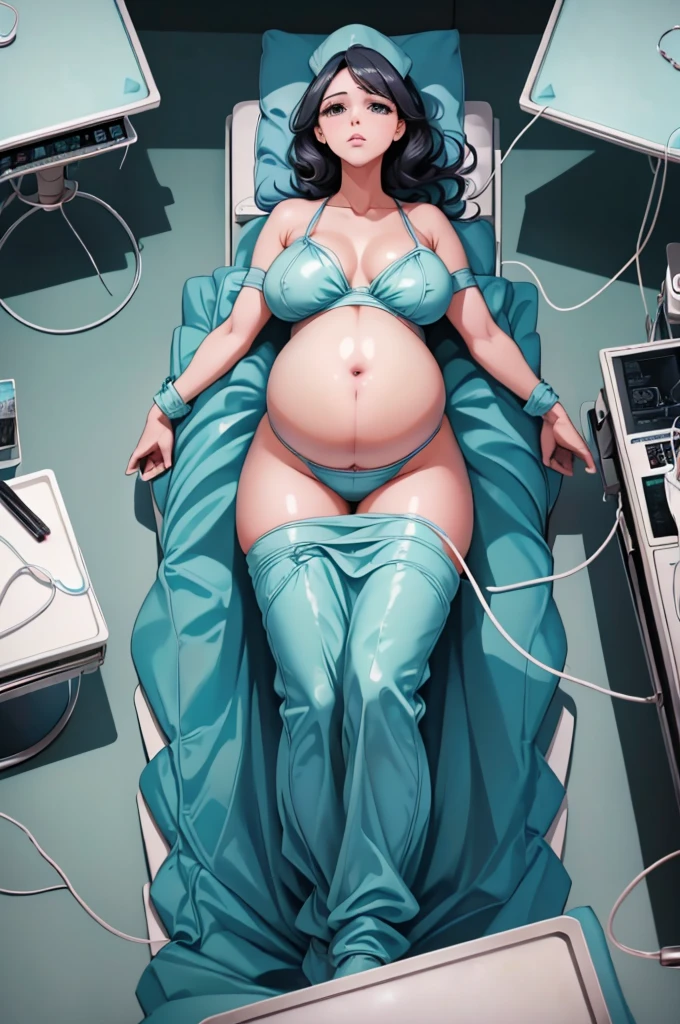 (give a score of 9_give a score of 8_give a score of 7)
masterpiece, highest quality, best quality, view from top down,
in a hospital, 1 pregnant woman, about 38 years old, 9 months pregnant, solo, wore a bouffant cap, had a pained look on her face, frowned, unconscious, lying on the operating table, lying on her back, arms outstretched., Spread your arms, on the operating table, in the operating room, there was a blanket covering both of her slender legs, big breasts, cover your breasts, cover your legs, expose your stomach, sleep with your legs wide open, do not bring your hands together on your stomach, don't cover your stomach, naked belly, show your belly completely, navel is visible, belly is visible of her who is pregnant, this is a scene of a pregnant woman suffering from difficult childbirth