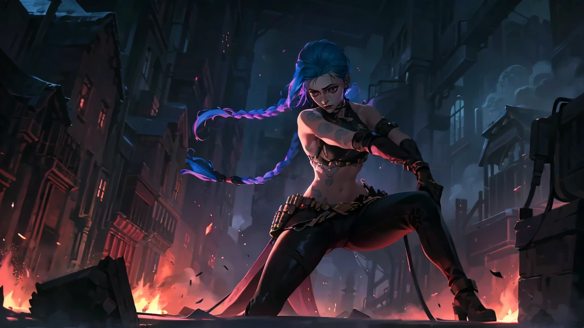 (masterpiece, Best quality), 1 girl, portrait, very sexy, crazy look, smile, crying, pink tears, tears on the cheeks, tears from eyes, full length (full body 1.1.), очень feminine, fighting stance, battle, fire, explosions, burning city, Beautiful waist, gloomy composition, flame, fire, Flash, very beautiful, feminine, long hair, hair braided in long braids, very sexy, tight leather pants, emphasis on the eyes, face accent, Beautiful face, Hands, Hair, Haired ponytail, red purple eyes, Джинкс crying, Blue cloud tattoo, (masterpiece, Best quality), Side lighting, beautiful detailed eyes, crazy face), (Best quality), (masterpiece), magic photography, Spectacular lighting, Photorealism, ultra detailed, интимная portraitная композиция, 1. 4,8 k UHD, aesthetic, Cd., A high resolution, 8 k, better lighting, Best shade, Ultra-HD, A high resolution, sharp focus, Complex background, Cinematic lighting, ((Landscape view)), 4K block, (better lighting), ((Cinematic lighting)),