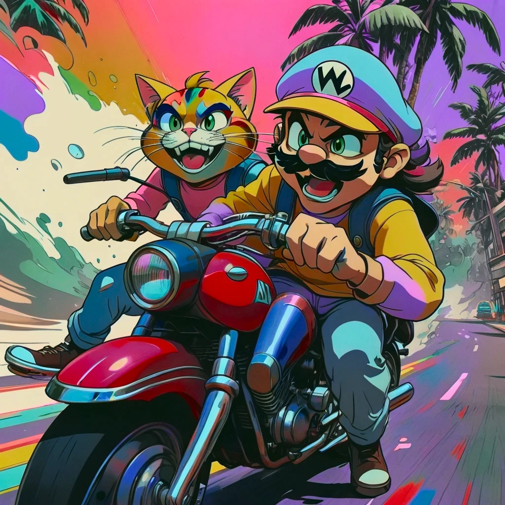 duo top cat and wario riding motorcycles, comic cinematic poster, image within image, multiple exposure, massive scale, rich color grading for shading depth, hand drawn rotoscope cartoon realism, chiaroscuro lighting, mixed media, vintage comic, retro original design, 1990's comic set in 1960's, sense of movement and energy, tropical rot, rewilding, (full roygbiv color) ink, VHS, glitch, distorted, nostalgia, 90's retro vibes, analog tape, vcr aesthetics, tv, television, hand drawn, (full roygbiv color) ink charcoal expressive illustration, no light source, darkness, light mask uv rays across face, splash page