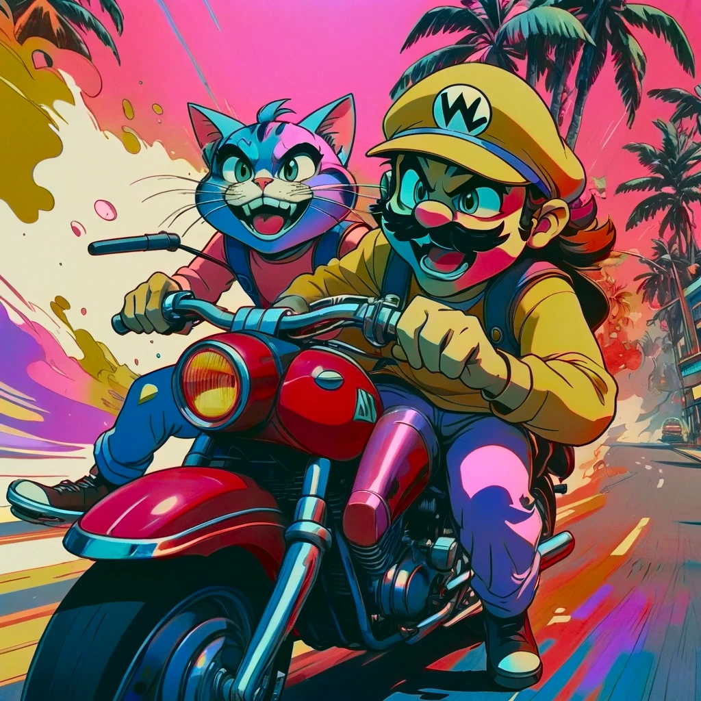 duo top cat and wario riding motorcycles, comic cinematic poster, image within image, multiple exposure, massive scale, rich color grading for shading depth, hand drawn rotoscope cartoon realism, chiaroscuro lighting, mixed media, vintage comic, retro original design, 1990's comic set in 1960's, sense of movement and energy, tropical rot, rewilding, (full roygbiv color) ink, VHS, glitch, distorted, nostalgia, 90's retro vibes, analog tape, vcr aesthetics, tv, television, hand drawn, (full roygbiv color) ink charcoal expressive illustration, no light source, darkness, light mask uv rays across face, splash page