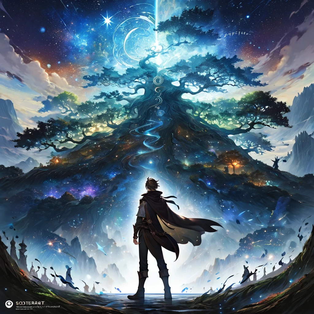 A painting,A man standing in front of a tree,Sky in the background, Digital art inspired by Johfra Bosschart, tumblr, Fantasy Art, 航天者universe, Fantasy painting, 上升universe, universe启蒙, esoteric equation heaven, Fantasy Art style, Fantasy Art, universe, In the Star Realm ) ) ), Star appearance