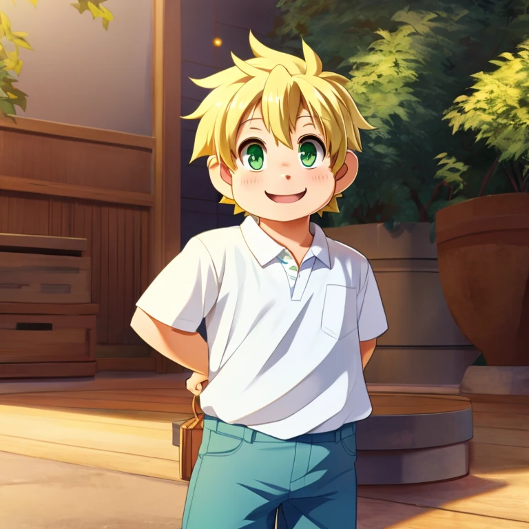 anime model of a blonde boy, With bright green eyes, dressed in a white shirt and blue jeans, Brown shoes, a beautiful and bright smile, a face as cute as that of a god and beautiful