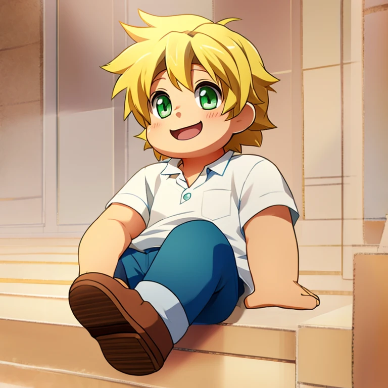 anime model of a blonde boy, With bright green eyes, dressed in a white shirt and blue jeans, Brown shoes, a beautiful and bright smile, a face as cute as that of a god and beautiful