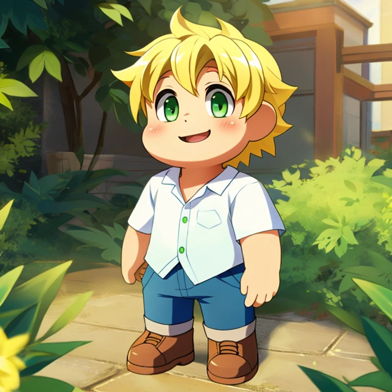 anime model of a blonde boy, With bright green eyes, dressed in a white shirt and blue jeans, Brown shoes, a beautiful and bright smile, a face as cute as that of a god and beautiful